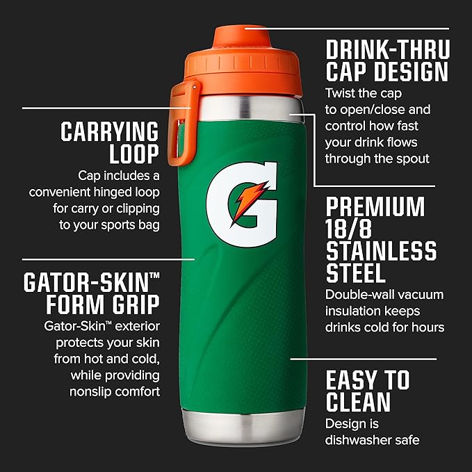Gatorade Stainless Steel Sport Bottle, 26oz, Double-Wall Insulation, Green , 26oz (Pack of 1)