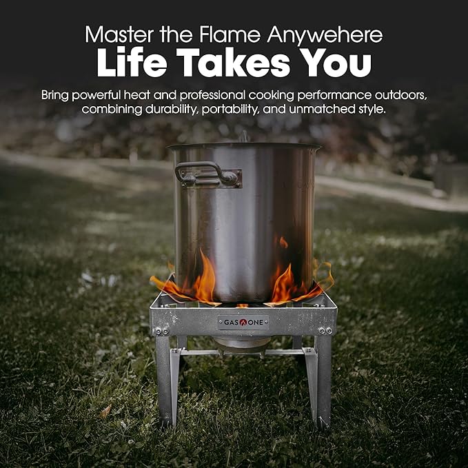 GasOne Stainless Steel Outdoor Propane Burner – High Pressure Camp Stove with Adjustable Regulator & Steel-Braided Hose