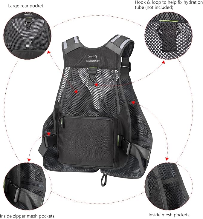 BASSDASH Strap Fishing Vest Adjustable for Men and Women, for Fly Bass Fishing and Outdoor Activities