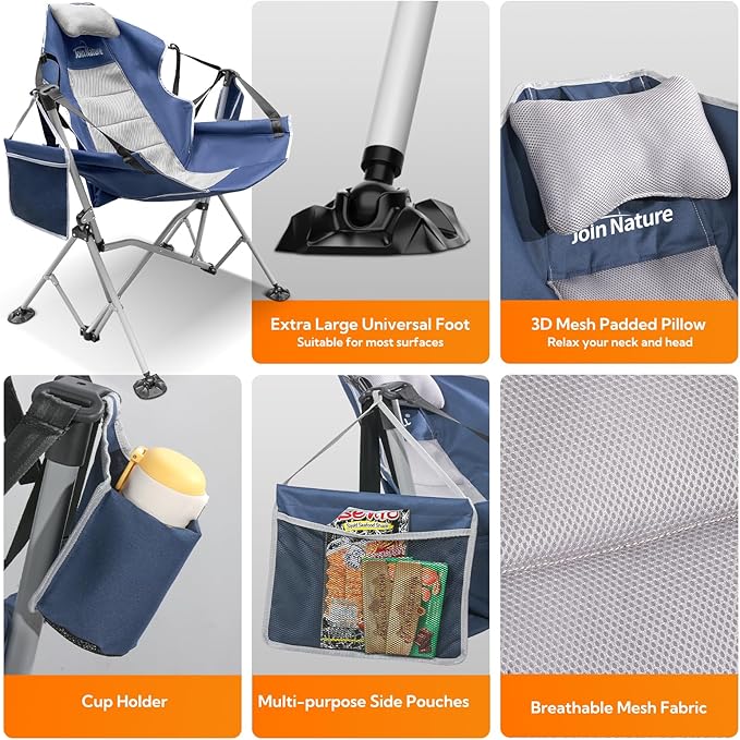 Oversized Hammock Camping Chairs, Folding Swing Chair with 1-Step Design, Swinging Hammock Chair with Adjustable Backrest, Lumbar Support & Headrest for Outdoor&Indoor, Support 400LBS, Blue