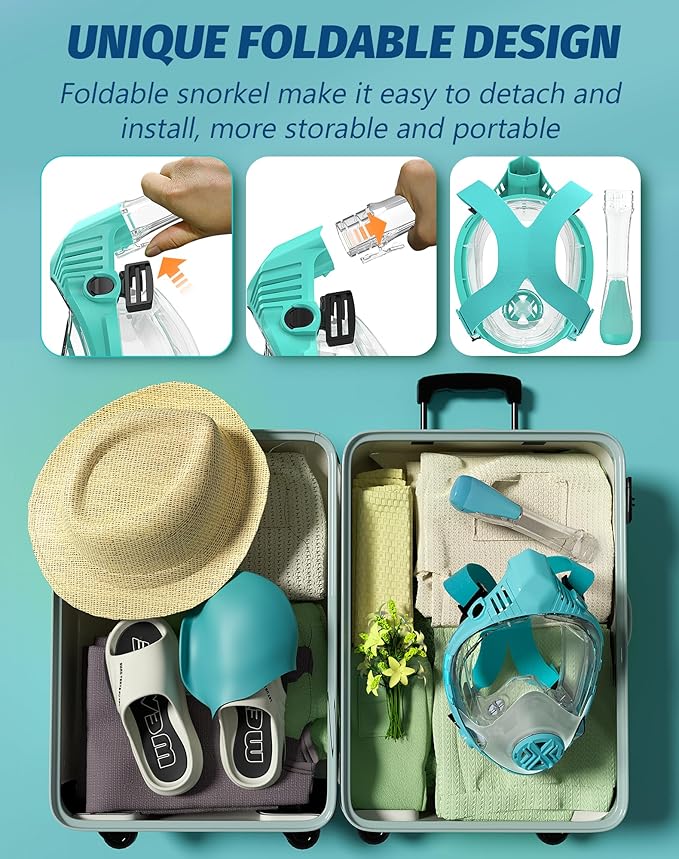 Full Face Snorkel Mask- Snorkeling Gear for Adults with Safe Dry Top Breathing System, Latest Foldable Panoramic View Snorkeling Mask for Men and Women, Anti Fog Anti Leak