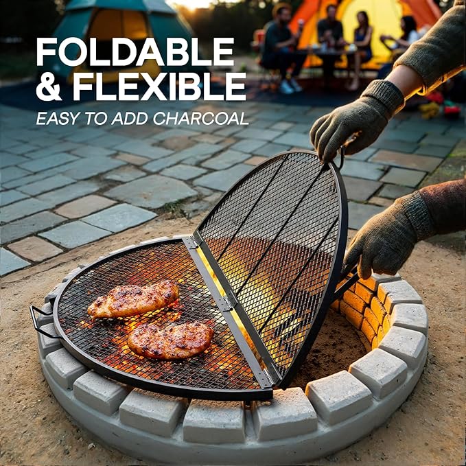 IDZO 36-Inch Foldable Fire Pit Grill Grate, Heavy-Duty Steel BBQ Grill, Cooking Grate with Handles, Portable Charcoal Grill for Campfire Cooking, Outdoor Stove Compatible, Black
