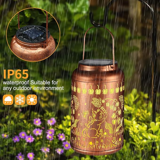 2 Pack Solar Lanterns Outdoor Waterproof, Cats Garden Decor Gifts for Women Mom Grandma Hanging Solar Lights Metal Decoration Outside for Yard, Patio, Lawn
