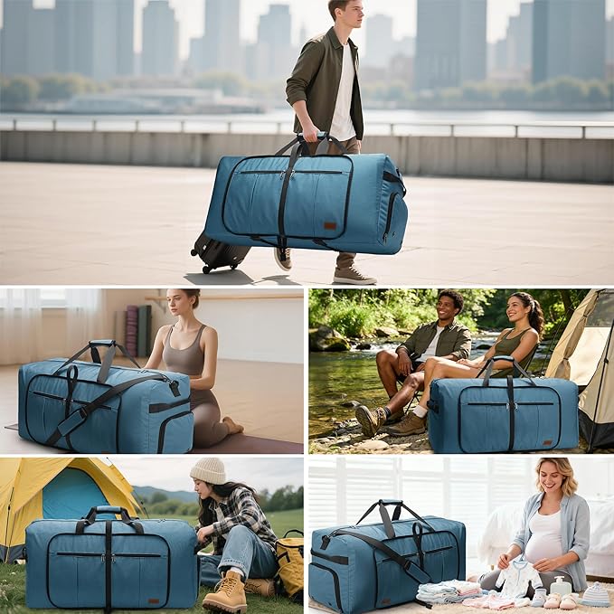 120L Foldable Waterproof Travel Duffel Bag for Men and Women with Shoe Compartment (Light Blue, EXTRA LARGE, 120L)