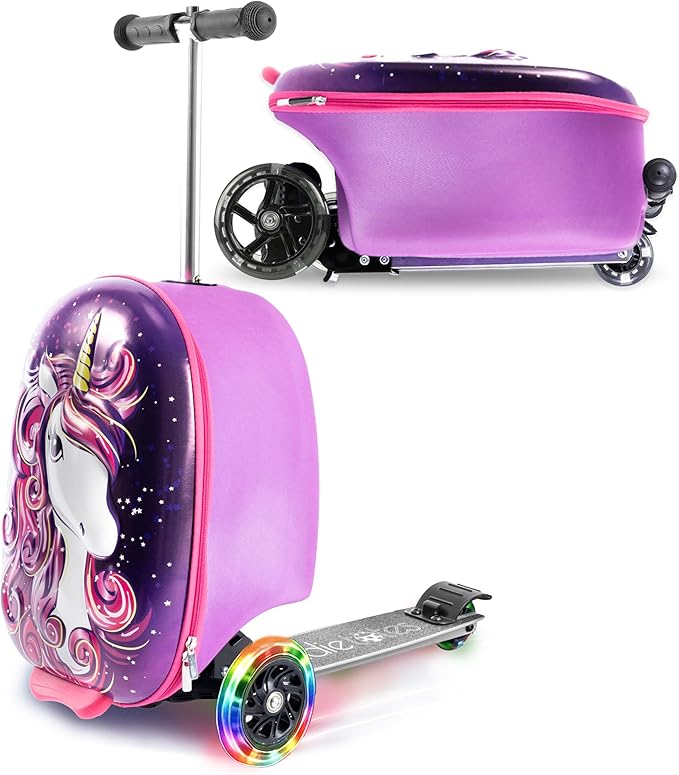 KIDDIETOTES Ride-On Scooter Suitcase for Kids – Hardside Lightweight Carry-On Luggage with Foldable Scooter, LED Wheels, Travel Fun for Toddlers & Children