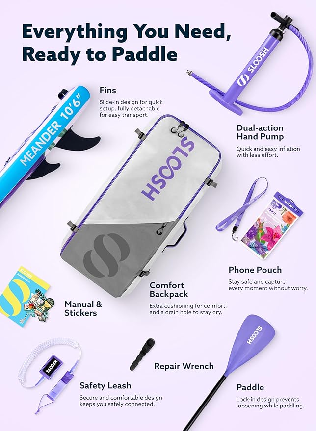 SLOOSH Inflatable Stand Up Paddle Board, 10'6" Inflatable Paddle Boards with Premium Accessories, Non-Slip EVA Deck, Ultra-Light Carry Bag Pump, Meander SUP for Youth & Adults