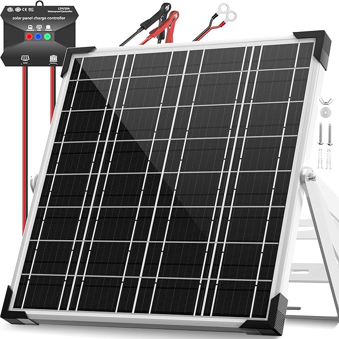 Solar Panel Kit 20W 12V, Solar Battery Trickle Charger Maintainer, Waterproof Solar Panel + Upgrade Charge Controller + Adjustable Mount Bracket for Boat RV Motorcycle Marine