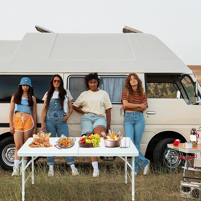 4 FT Folding Table with Carry Handle, Portable Fold-in-Half Plastic Table, Rectangle Foldable Table for Indoor/Outdoor White