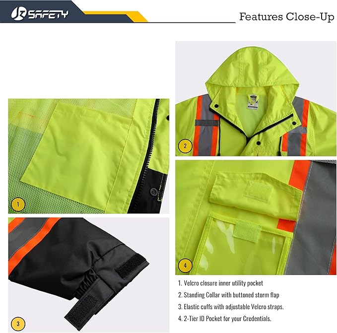 JKSafety Hi-Vis Reflective Safety Rain Jacket and Pants for Men Women Waterproof Rain Gears for Farming Fishing Work HV Rain Suit with Inner Mesh Lining and Pockets (117-Yellow XL)