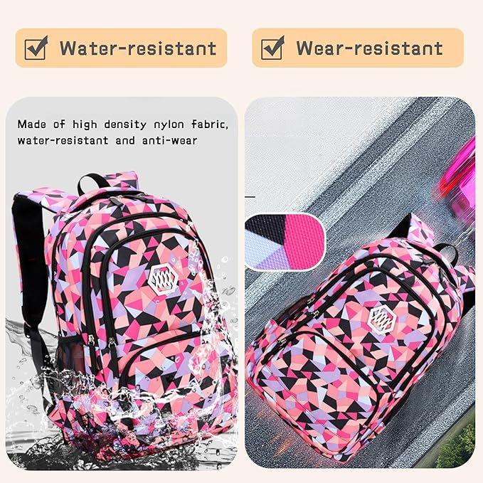 Bansusu Geometric Print Backpacks for Girls Boys School, Capacity School Girls Backpacks for Kids Water-resistant Bookbags, Black-S