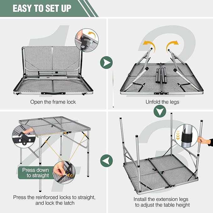 REDCAMP Folding Portable Grill Table for Outside, Lightweight Aluminum Metal Grill Stand Table for Camping Cooking BBQ RV Picnic,Easy to Assemble with Adjustable Heights Legs,Silver 32”x32”