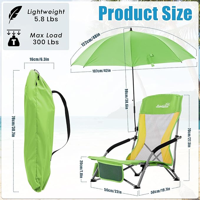 Folding Beach Chair with Umbrella for Adults, 2 Pack Portable Low Beach Chairs with 300lbs Capacity, Lightweight Fodable Camping Chair for Travel, Picnic, Concert & Outdoor Activities,Green-Yellow