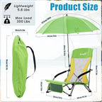 Lamberia Folding Beach Chair with Umbrella for Adults, Portable Low Beach Chairs with 300lbs Capacity, Lightweight Fodable Camping Chair for Travel, Picnic, Concert & Outdoor Activities,Green-Yellow