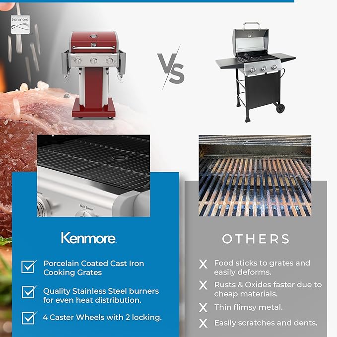 Kenmore 3-Burner Outdoor BBQ Grill | Liquid Propane Barbecue Gas Grill with Folding Sides, PG-A4030400LD-RD, Pedestal Grill with Wheels, 30000 BTU, Red