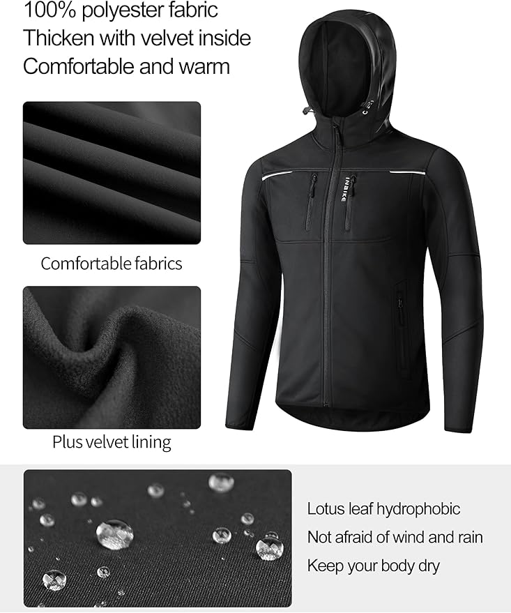 INBIKE Hooded Cycling Bike Jacket Men Running Biking Windbreaker Reflective Windproof Thermal Fleece Lined Bicycle Coat