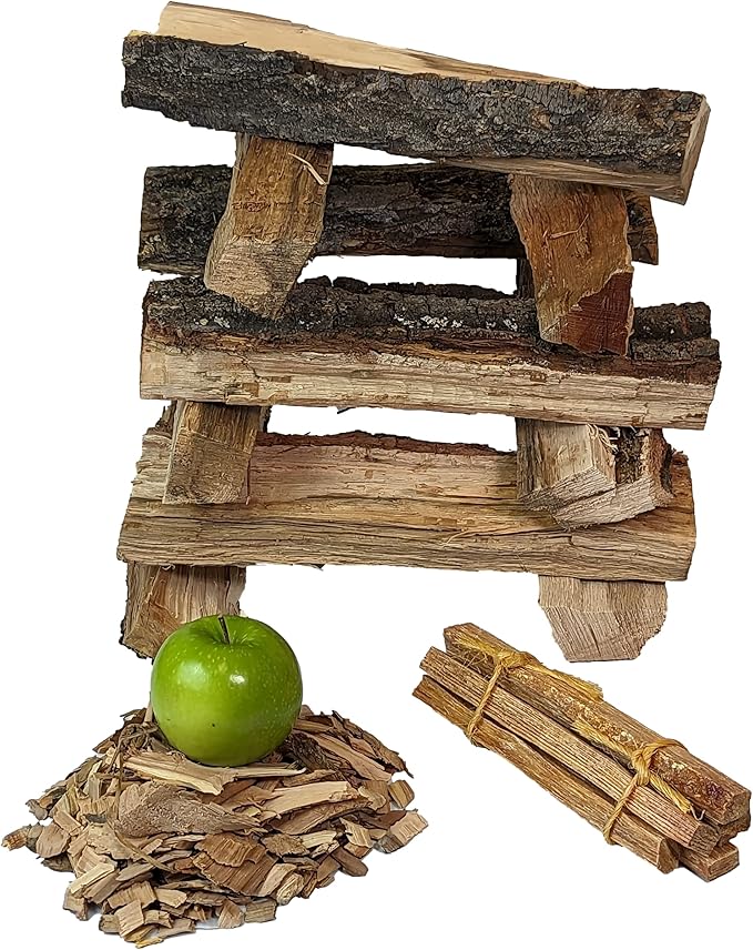 18 LB. Applewood Cooking Firewood Log & 1 LB. 100% Natural Apple Wood Chips Flavor by Billy Bucksin Co., Fatwood Fire Starter Stick Included for Outdoor Cooking, Smoking, Grilling, Camping & Fire Pit