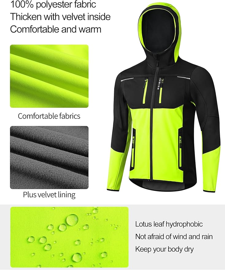 INBIKE Hooded Cycling Bike Jacket Men Running Biking Windbreaker Reflective Windproof Thermal Fleece Lined Bicycle Coat