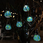 Cooo 4 Pack Mosaic Solar Lantern Outdoor Waterproof IP68 Hanging Projection Light Hidden Lid Pear-Shaped Lantern with Rope Handle Solar Powered Auto On for Patio Garden Fence Table - Azure Lattice