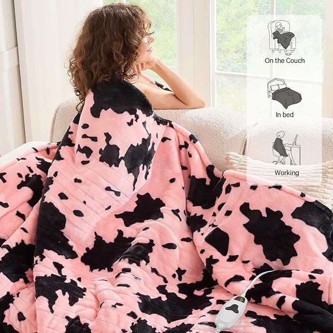 Cow Print Heated Electric Blanket Twin Size,62X84 Light Pink Heating Blanket with 10 Heats Levels & 8 Hours Auto Off,Highland Cow Fleece Sherpa Blankets Warmer Gifts for Women Adults,Washable,ETL