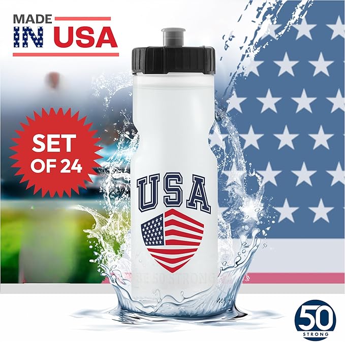 50 Strong Bulk Water Bottles | 24 Pack Sports Bottle | 22 oz. BPA-Free Easy Open with Pull Top Cap | Made in USA | Reusable Plastic Water Bottles for Adults & Kids | Top Rack Dishwasher Safe