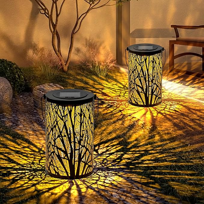 Large Solar Lanterns Outdoor Waterproof, 2 Pack Hanging Solar Lanterns, LED Tree Outdoor Lantern for Metal, Waterproof Lantern for Patio Porch Pathway Garden Decor