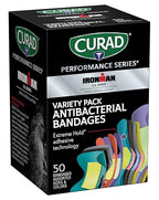 CURAD Performance Series IRONMAN Antibacterial Bandages, Extreme Hold Adhesive Technology, Finger & Knuckle Bandages, Flexible Fabric, Variety Pack with Assorted Sizes & Colors, 50 Count
