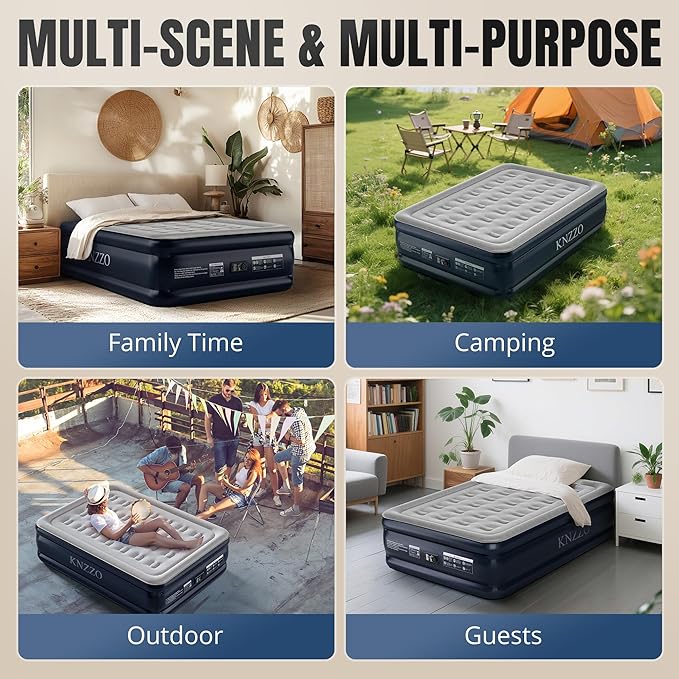 Full Air Mattress with Built-in Pump, 18" Top Inflatable Mattress with Waterproof Flocking Fabric, Three-Minute Quick-Inflatable Bed. Portable Blow Up Mattress for Home, Outdoor and Guests