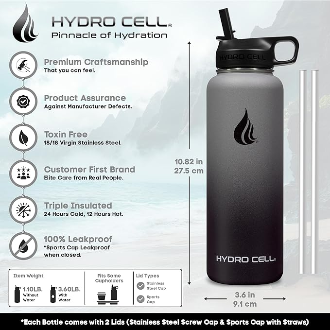 HYDRO CELL Stainless Steel Insulated Water Bottle with Straw - For Cold & Hot Drinks - Metal Vacuum Flask with Screw Cap and Modern Leakproof Sport Thermos for Adults (Graphite/Black 40oz)