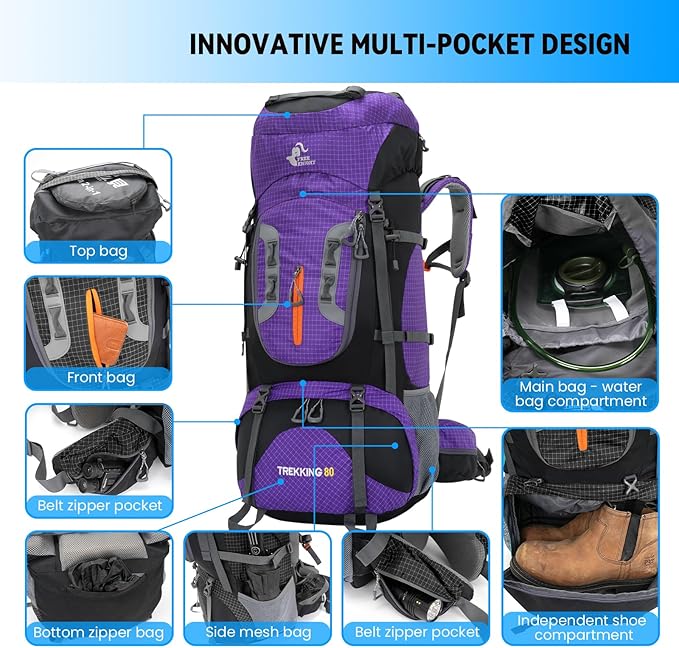 Bseash 80L Waterproof Hiking Camping Backpack with Rain Cover, Lightweight Outdoor Sport Travel Daypack for Climbing Touring (Purple)