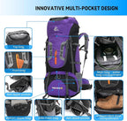 Bseash 80L Waterproof Hiking Camping Backpack with Rain Cover, Lightweight Outdoor Sport Travel Daypack for Climbing Touring (Purple)