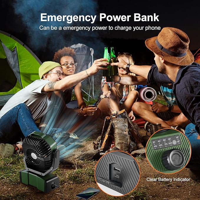 Odoland 40000mAh Camping Fan with LED Light, Battery Operated Oscillating Desk Fan with Remote & Hook, Rechargeable Outdoor Tent Fan with Timer for Hurricane Power Outage Travel Jobsite RV, Green