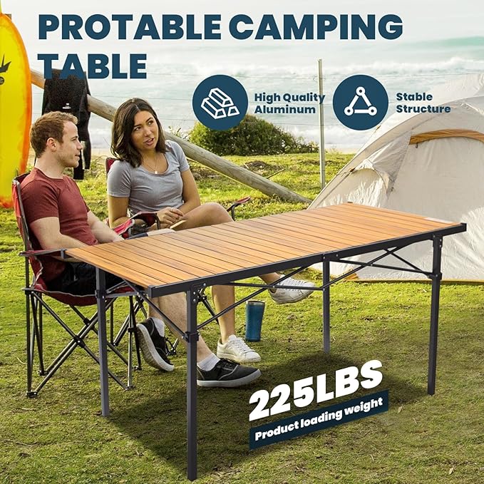 WILDROOTS Folding Camping Wood Grain Brown Table with Carry Bag, Lightweight Aluminum Table for Outdoor, Camping, Picnic, Cooking, Backyards, BBQ (XL)