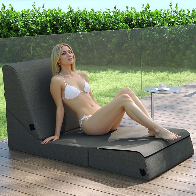 jela Outdoor Chaise Lounge, Waterproof Folding Sofa Bed Lounge Chair, UV Resistant Folding Lounge Chair with Machine Washable Cover, Soft Foam Patio Sofa Chairs Pool Lounge Chaise Chairs (Darkgrey)