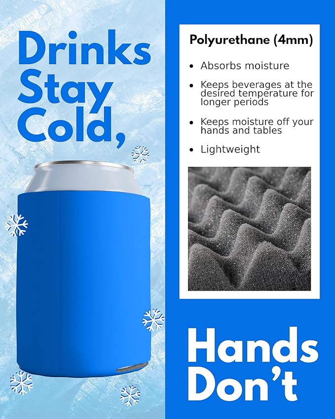 PartyPrints 25 Pack Cerulean Blank Can Cooler Sleeves, Customizable Bulk Insulated Foam for Beer, Collapsible Plain Drink Holder, Cold Soda Insulator, 12oz Regular, 16oz Tall Cans