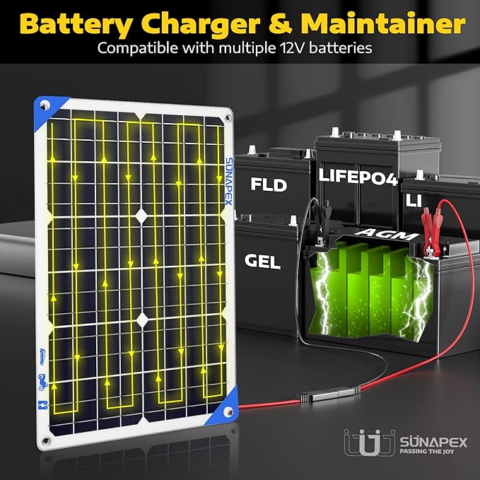 SUNAPEX Solar Battery Charger Maintainer, 30W 12V Portable Waterproof Solar Panel Trickle Charger with Built-in Charge Controller, Cig Plug, Alligator Clips, O-Rings for Car, Truck,Tractor, Boat, etc