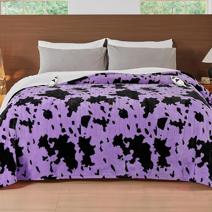 Cow Print Electric Heated Blanket King Size,90X100 Purple Heating Blanket King With Dual Control&Timer&10 Heat Levels,Highland Cow Decor Fleece Sherpa Blankets Warmer Gifts for Bed Women Adults,ETL