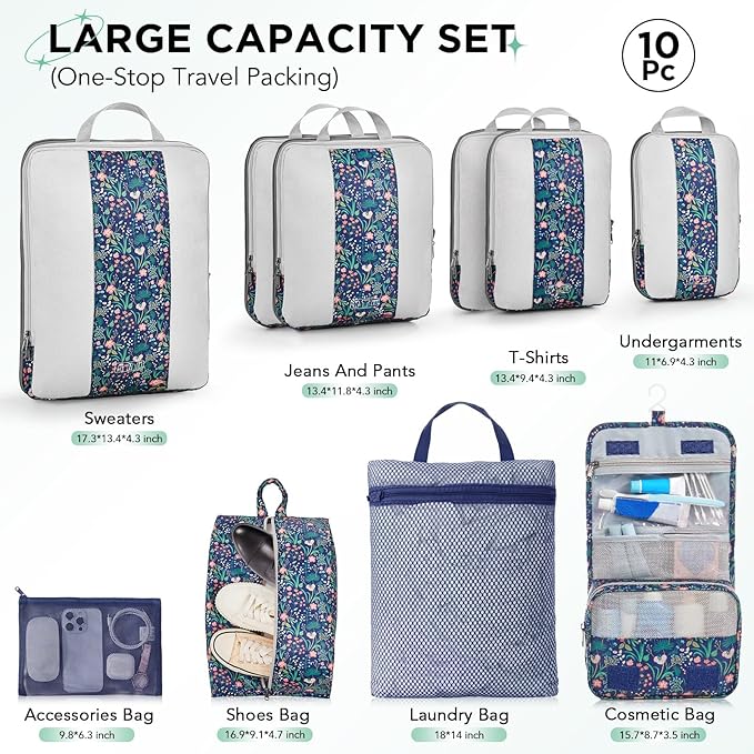 10 Set Compression Packing Cubes for Travel Essentials,Compressible Expandable Packing Cubes for Suitcase,OlarHike Luggage Organizer Bags,Handy Helper for Organizing Clothes(Dark Blue Floral)