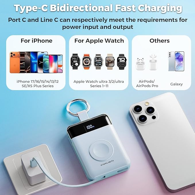 Portable Charger,5000mAh PD 20W Super Fast Charging Power Bank with Built-in Cables,Travel Keychain Battery Pack for Apple Watch Ultra/11/10/9/8/7/6/SE,iPhone 17/16/15/14/13/12 (Blue)