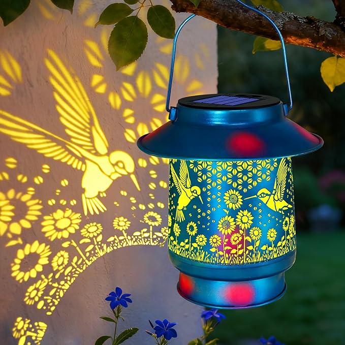 Hummingbird Solar Lanterns Outdoor Waterproof Brim,Garden Decor Birthday Gifts for Women Mom Grandma,Blue Spray Paint Metal Hanging Solar Lights Outside Decorative for Yard Patio Backyard Pathway