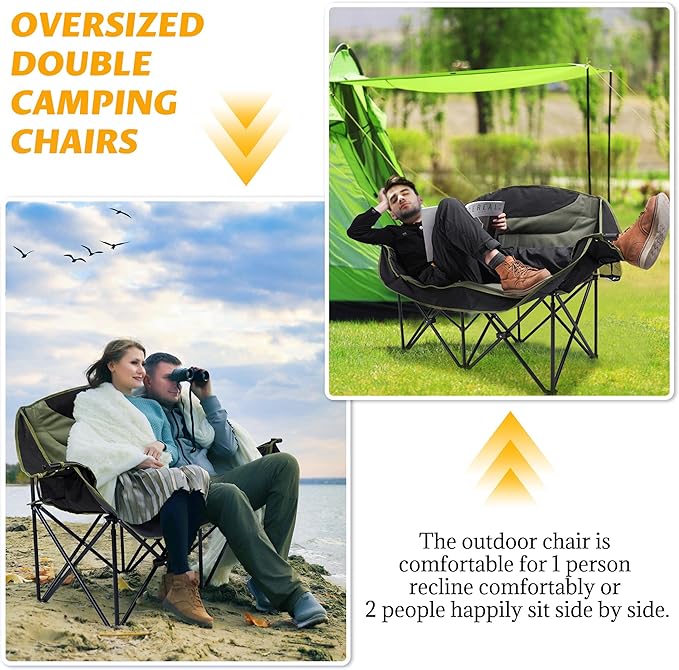 UBALANCE Double Camping Chair for Adults - Heavy Duty 650LBS Portable Camping Chairs Oversized Camping Loveseat, Folding Camping Chair for Garden Lawn Sport Picnic Beach Fishing (Green)