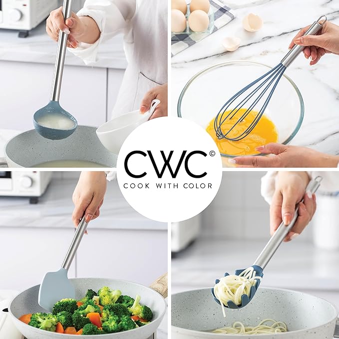 COOK WITH COLOR Silicone Cooking Utensils, Kitchen Utensil Set, Easy to Clean Silicone Kitchen Utensils, Cooking Utensils for Nonstick Cookware, Kitchen Gadgets Set, 38 Piece, Blue and White