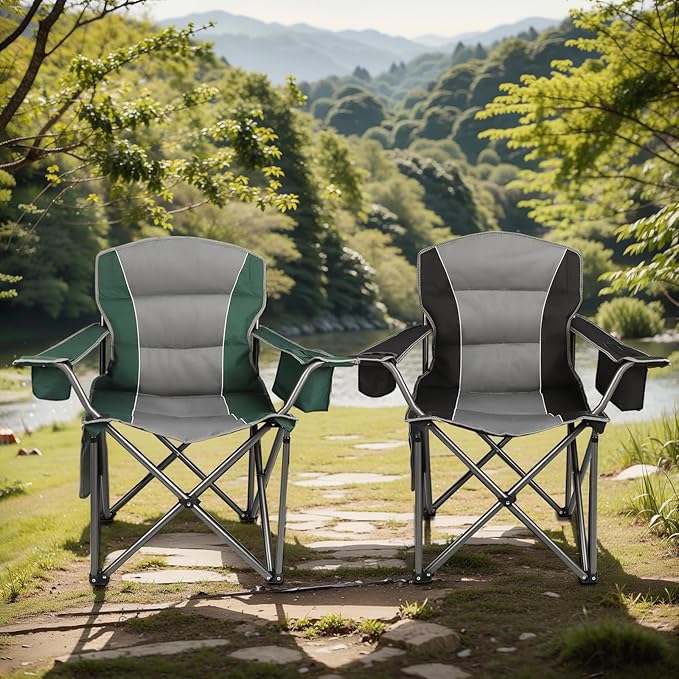 Northroad 2 Pack Oversized Camping Chair, Padded Portable Chairs Heavy Duty Camping Folding Chairs w/Cooler Bag & Cup Holder, Support 400 LBS for Outdoor, Fishing & Garden (Black & Green)