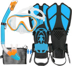 Kids Mask Fins Snorkel Set Snorkeling Packages, with Diving Mask, Snorkel, Adjustable Swim Fins, Mesh Bag, Anti-Fog Anti-Leak Snorkeling Gear for Kids for Snorkeling Swimming Diving