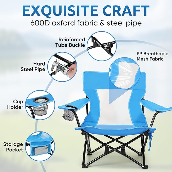 HaSteeL Folding Beach Chair Set of 2, Foldable Blue Camping Chairs for Outside, Low Beach Chair Portable for Adults Fishing, Picnic, Outdoor BBQ, Travel, Sports, Cup Holder & Storage Bag