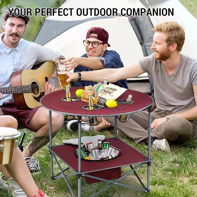 Portable Lightweight Folding Camping Table - Collapsible Foldable Picnic Camp Table with Cooler 4 Enlarged Upgraded Cup Holders and Carry Bag for Tailgating Beach BBQ RV Hiking Party Travel