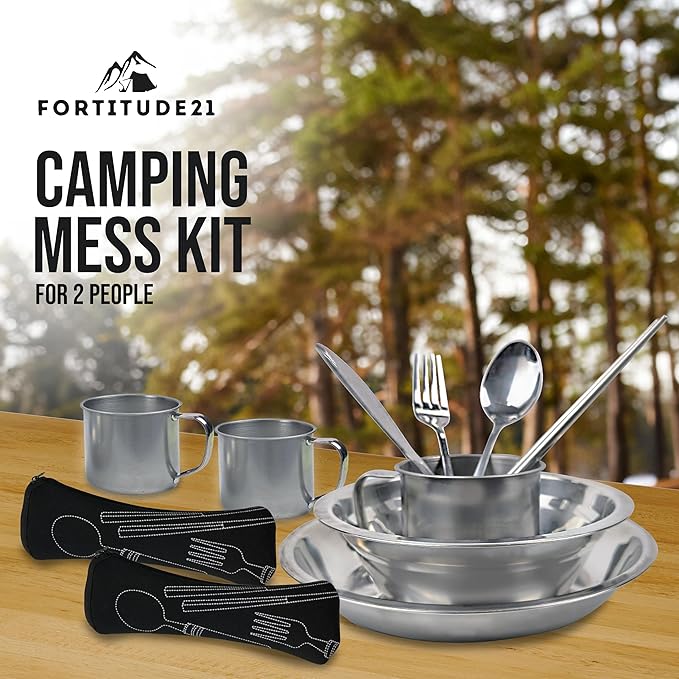 Stainless Steel Camping Mess Kit - Person's Complete Picnic & Camp Dish Set, Includes Plate, Bowl, Cup & Utensils