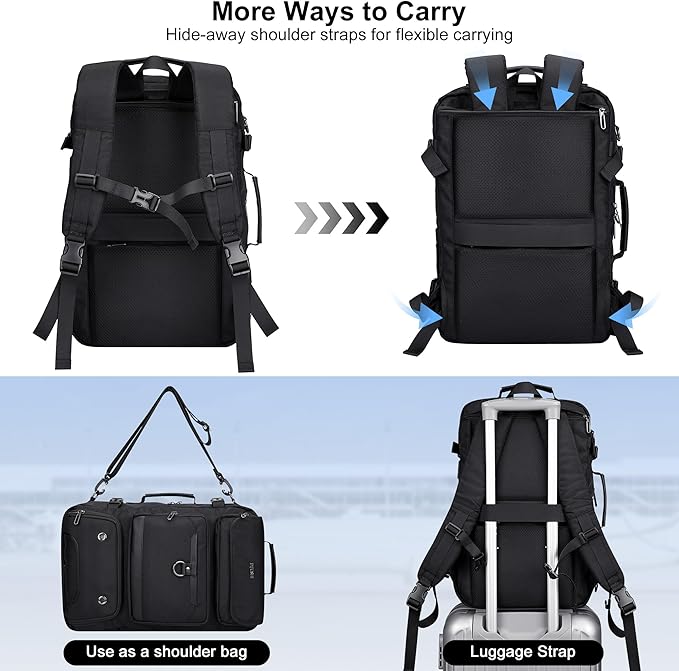 PIJUSHI Carry on Travel Backpack for Women Men Convertible Duffel Bag Backpack Large Luggage Rucksack Fit 16 Inch Laptop(PE039 Black)