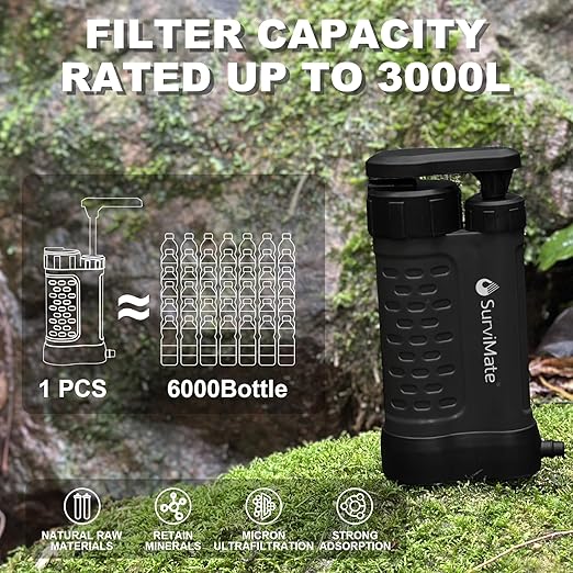 SurviMate Water Purifier Survival Pump，0.01 Micron 5-Stage Water Purifier System，Hand Pump Water Filter Portable Outdoor Emergency，Camping, Hiking, Backpacking