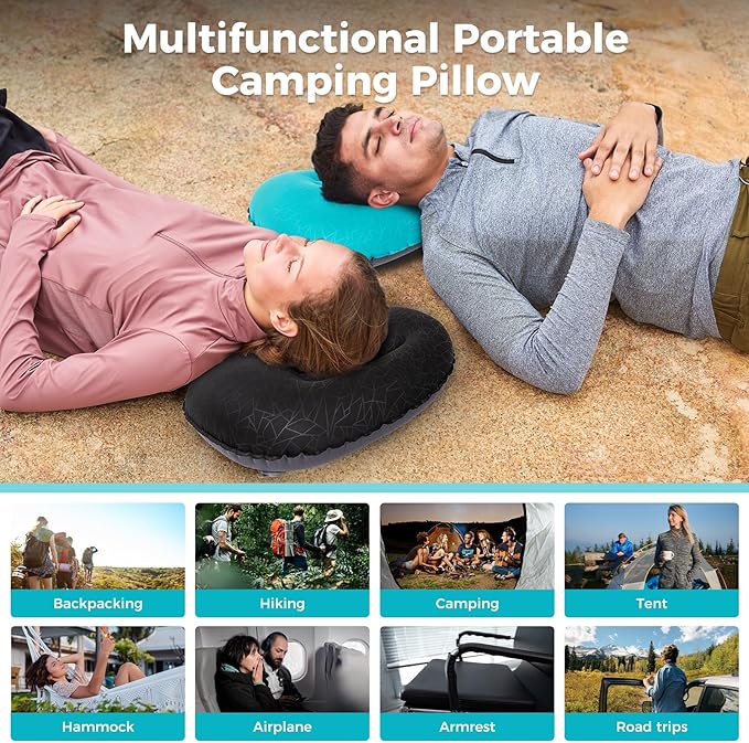 ATEPA Inflatable Camping Pillow, Ultralight Waterproof Travel Pillow with Ergonomic Support & Leak-Proof Air Valve, Compact Portable Pillow for Hiking Backpacking Tent Airplane Beach, Blue