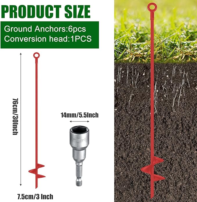 Lasnten 30 Inch Heavy Duty Ground Anchor Spiral Blade Earth Anchor Kit Metal Anchor Hook Beach Sand Stakes Camping for Securing Animals, Shelters, Tents, Canopies(Red,6 Pcs)